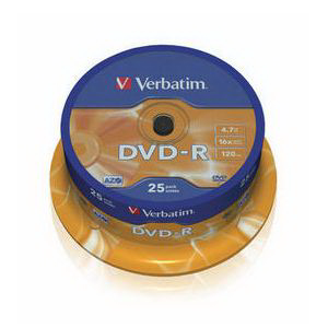 Диск однократной записи VERBATIM DVD-R 16x 4.7Gb 25шт Cake Box 
